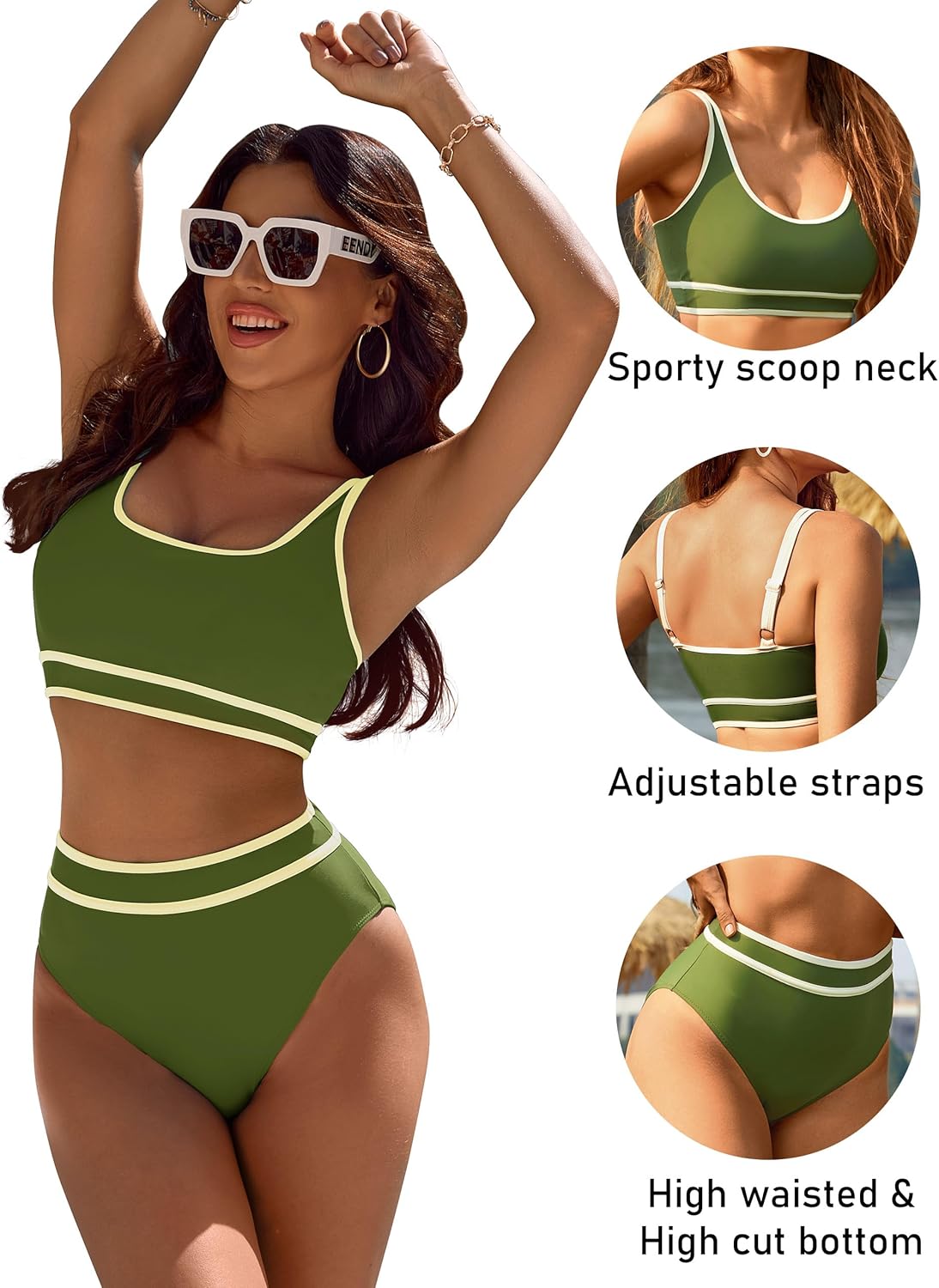 Ocevara - Women's High Waisted Bikini Sets Sporty Two Piece Swimsuits Color Block Cheeky High Cut Bathing Suits