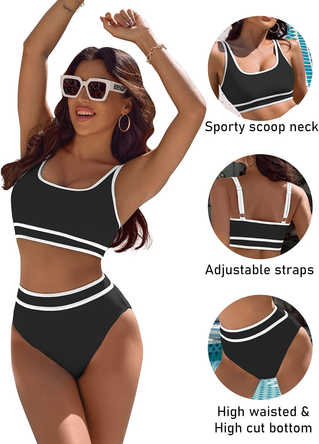 Ocevara - Women's High Waisted Bikini Sets Sporty Two Piece Swimsuits Color Block Cheeky High Cut Bathing Suits