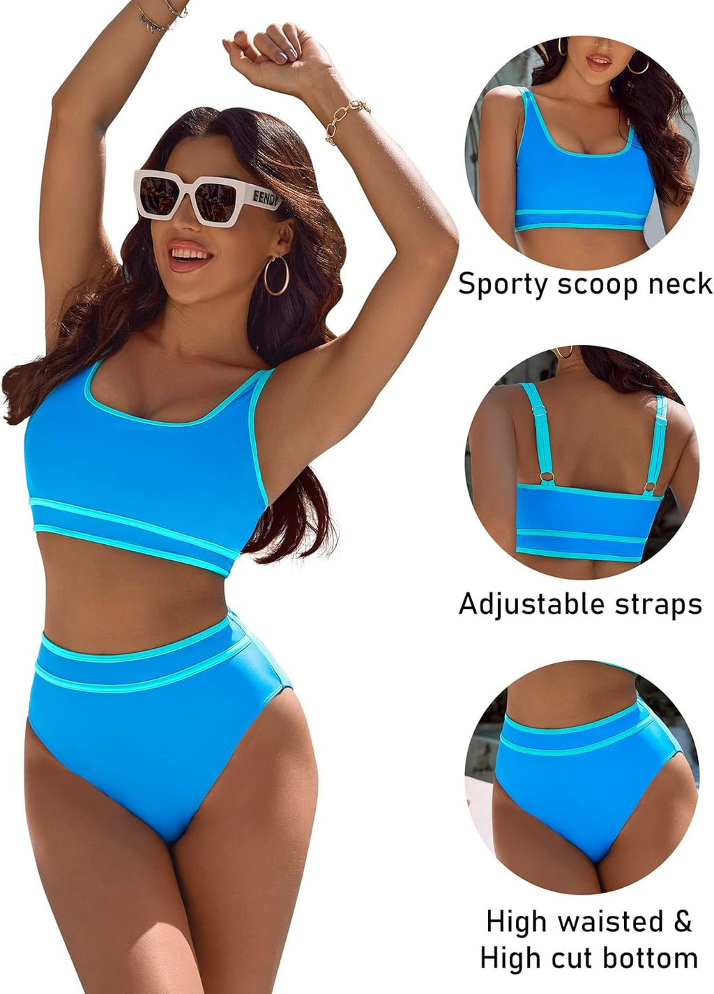 Ocevara - Women's High Waisted Bikini Sets Sporty Two Piece Swimsuits Color Block Cheeky High Cut Bathing Suits