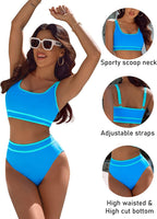 Ocevara - Women's High Waisted Bikini Sets Sporty Two Piece Swimsuits Color Block Cheeky High Cut Bathing Suits