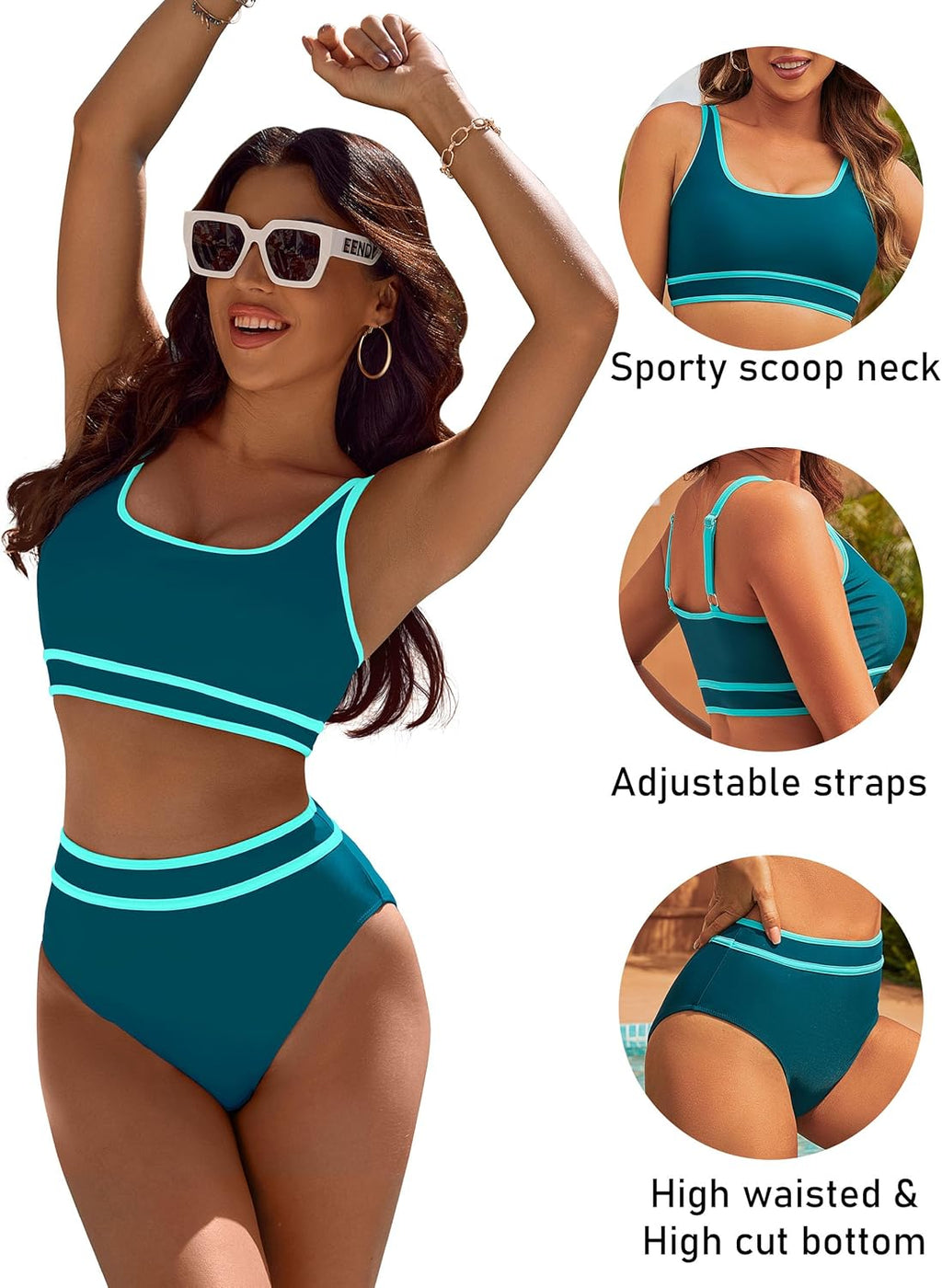 Ocevara - Women's High Waisted Bikini Sets Sporty Two Piece Swimsuits Color Block Cheeky High Cut Bathing Suits