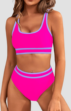 Ocevara - Women's High Waisted Bikini Sets Sporty Two Piece Swimsuits Color Block Cheeky High Cut Bathing Suits