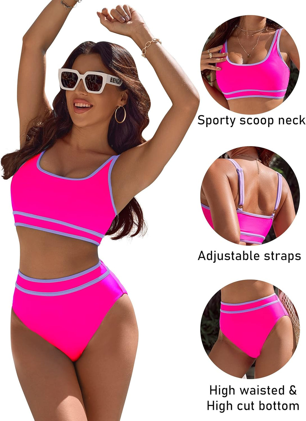 Ocevara - Women's High Waisted Bikini Sets Sporty Two Piece Swimsuits Color Block Cheeky High Cut Bathing Suits