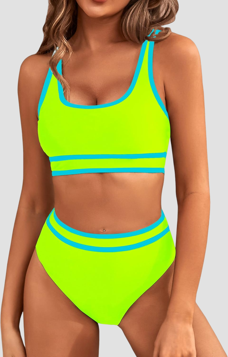 Ocevara - Women's High Waisted Bikini Sets Sporty Two Piece Swimsuits Color Block Cheeky High Cut Bathing Suits