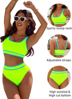 Ocevara - Women's High Waisted Bikini Sets Sporty Two Piece Swimsuits Color Block Cheeky High Cut Bathing Suits