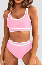 Ocevara - Women's High Waisted Bikini Sets Sporty Two Piece Swimsuits Color Block Cheeky High Cut Bathing Suits