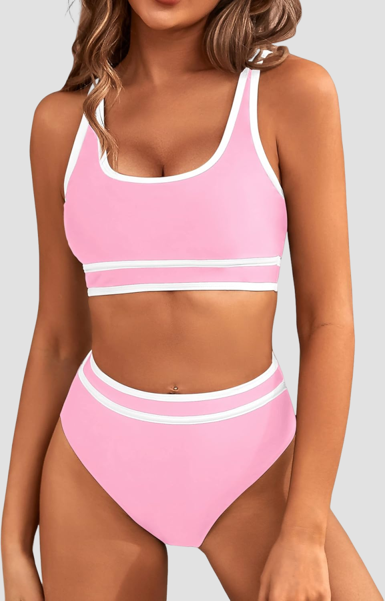 Ocevara - Women's High Waisted Bikini Sets Sporty Two Piece Swimsuits Color Block Cheeky High Cut Bathing Suits