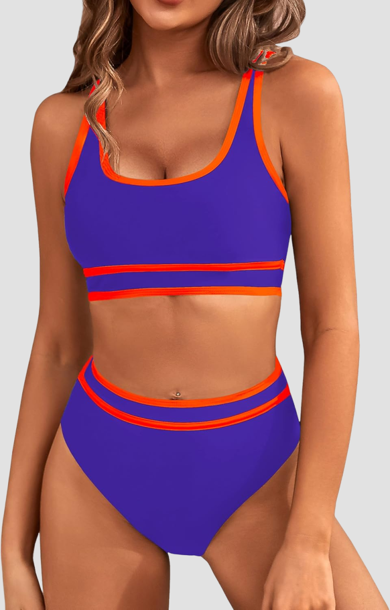 Ocevara - Women's High Waisted Bikini Sets Sporty Two Piece Swimsuits Color Block Cheeky High Cut Bathing Suits