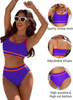 Ocevara - Women's High Waisted Bikini Sets Sporty Two Piece Swimsuits Color Block Cheeky High Cut Bathing Suits