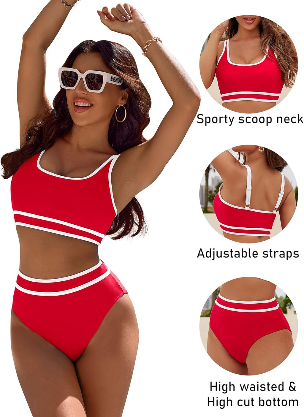 Ocevara - Women's High Waisted Bikini Sets Sporty Two Piece Swimsuits Color Block Cheeky High Cut Bathing Suits