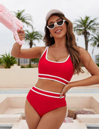 Ocevara - Women's High Waisted Bikini Sets Sporty Two Piece Swimsuits Color Block Cheeky High Cut Bathing Suits