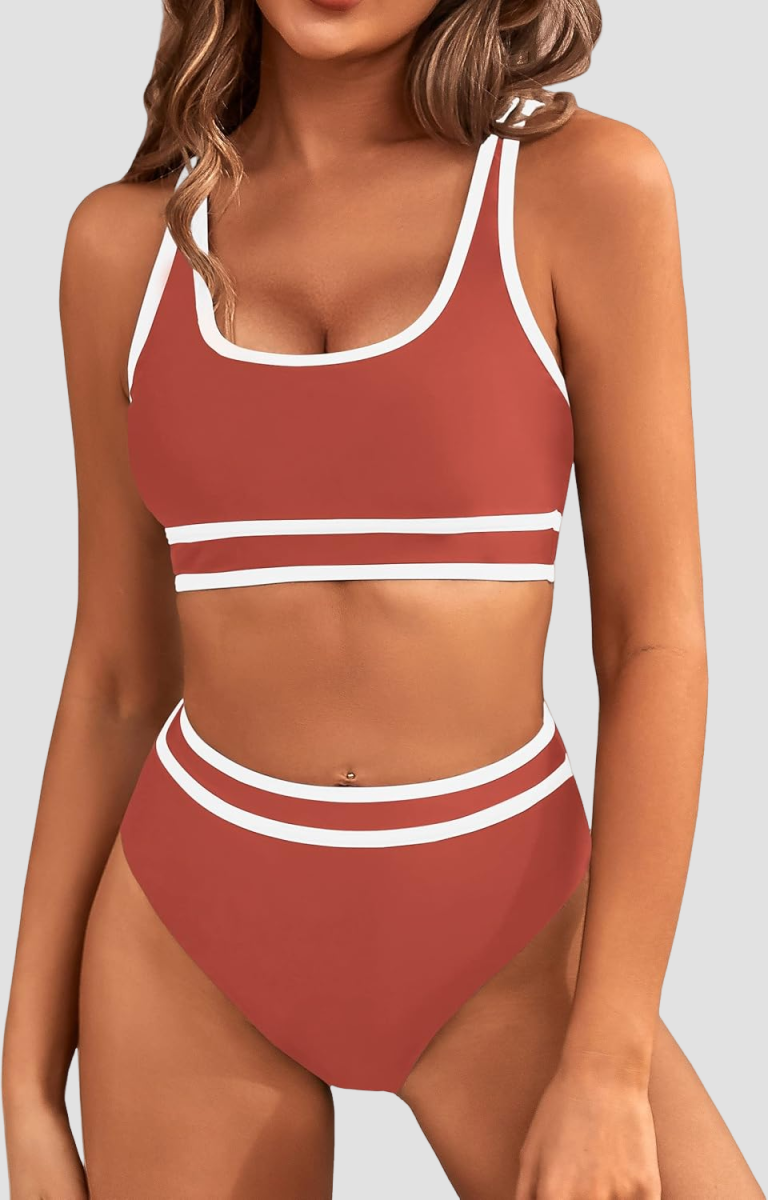 Ocevara - Women's High Waisted Bikini Sets Sporty Two Piece Swimsuits Color Block Cheeky High Cut Bathing Suits