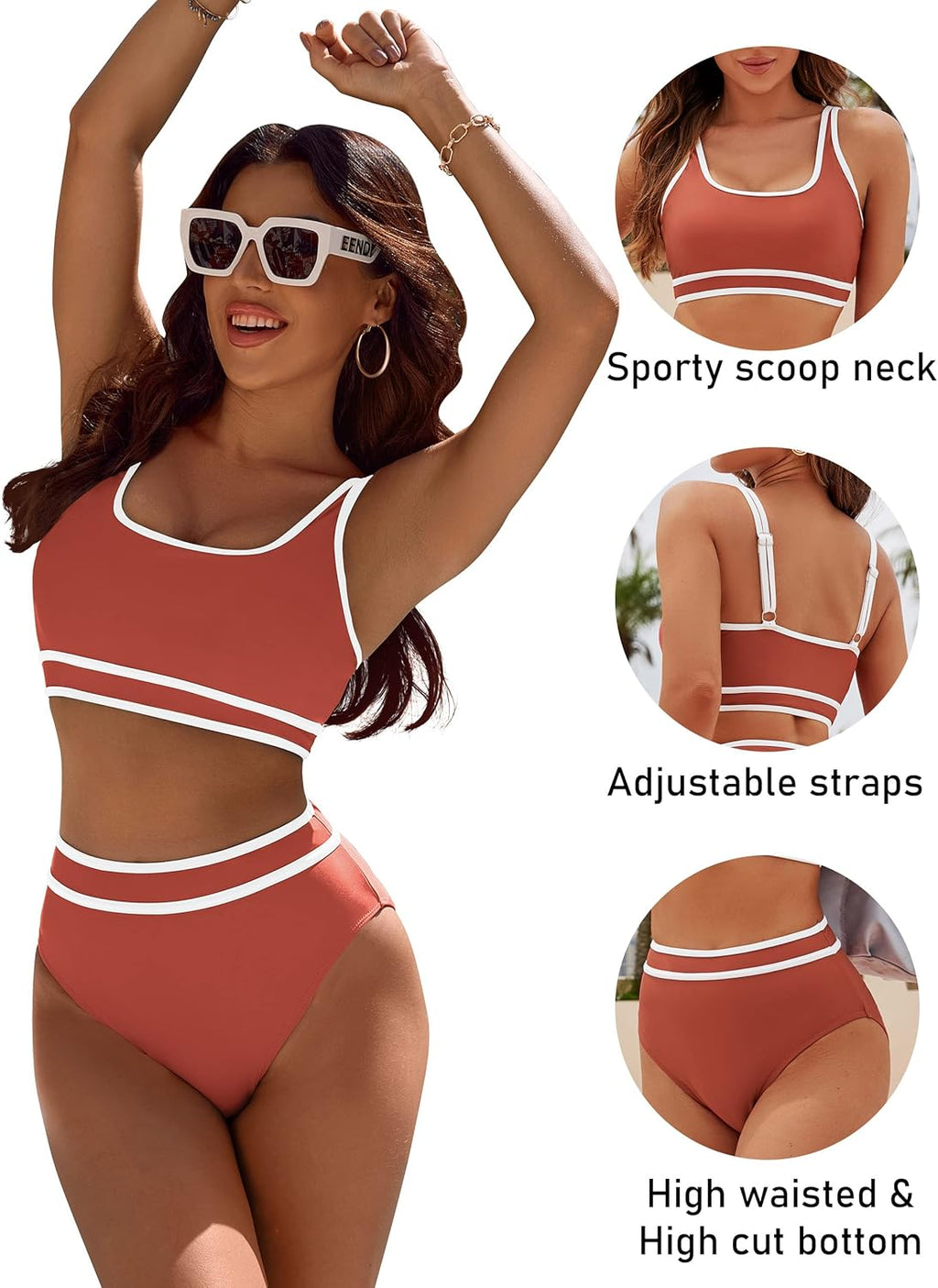 Ocevara - Women's High Waisted Bikini Sets Sporty Two Piece Swimsuits Color Block Cheeky High Cut Bathing Suits