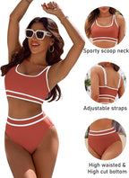 Ocevara - Women's High Waisted Bikini Sets Sporty Two Piece Swimsuits Color Block Cheeky High Cut Bathing Suits