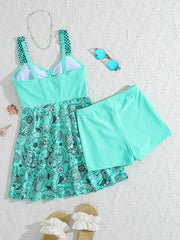 Floral Print Halter Bikini Top and Boxer Swim Set Green