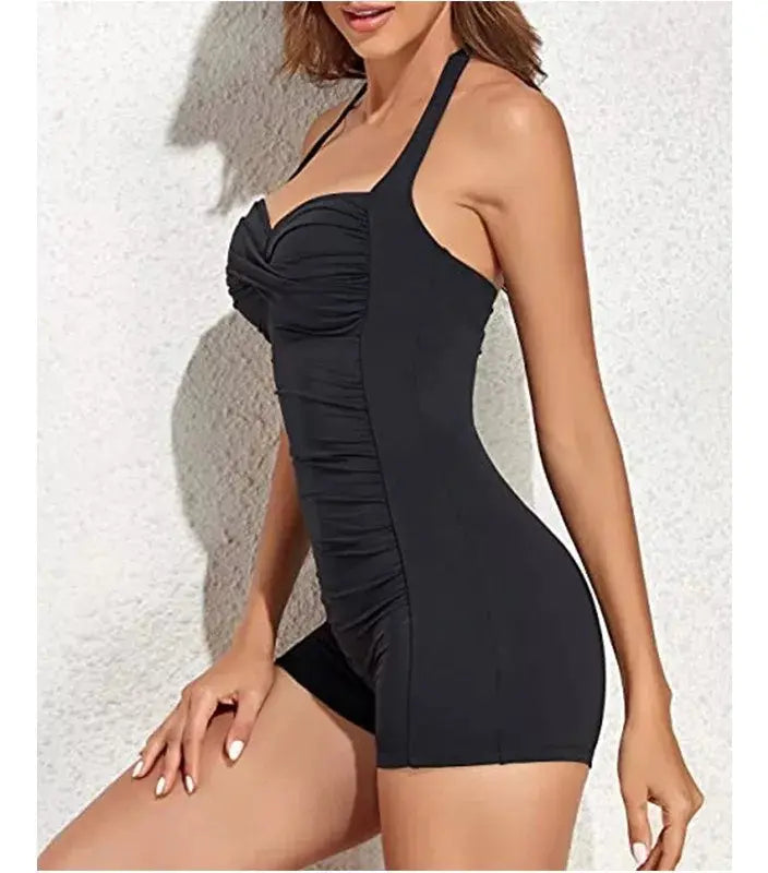 Ruched Halter One-Piece Swim Romper