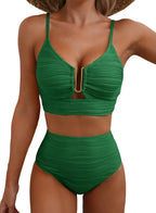 Ocevara High-Waisted Tummy Control Bikini Set Textured U-Wire Cutout Swimwear