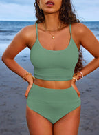 Ocevara - Women 2 Piece Bikini Set High Waisted Color Block Swimsuit Beach Scrunch Ribbed Bathing Suit