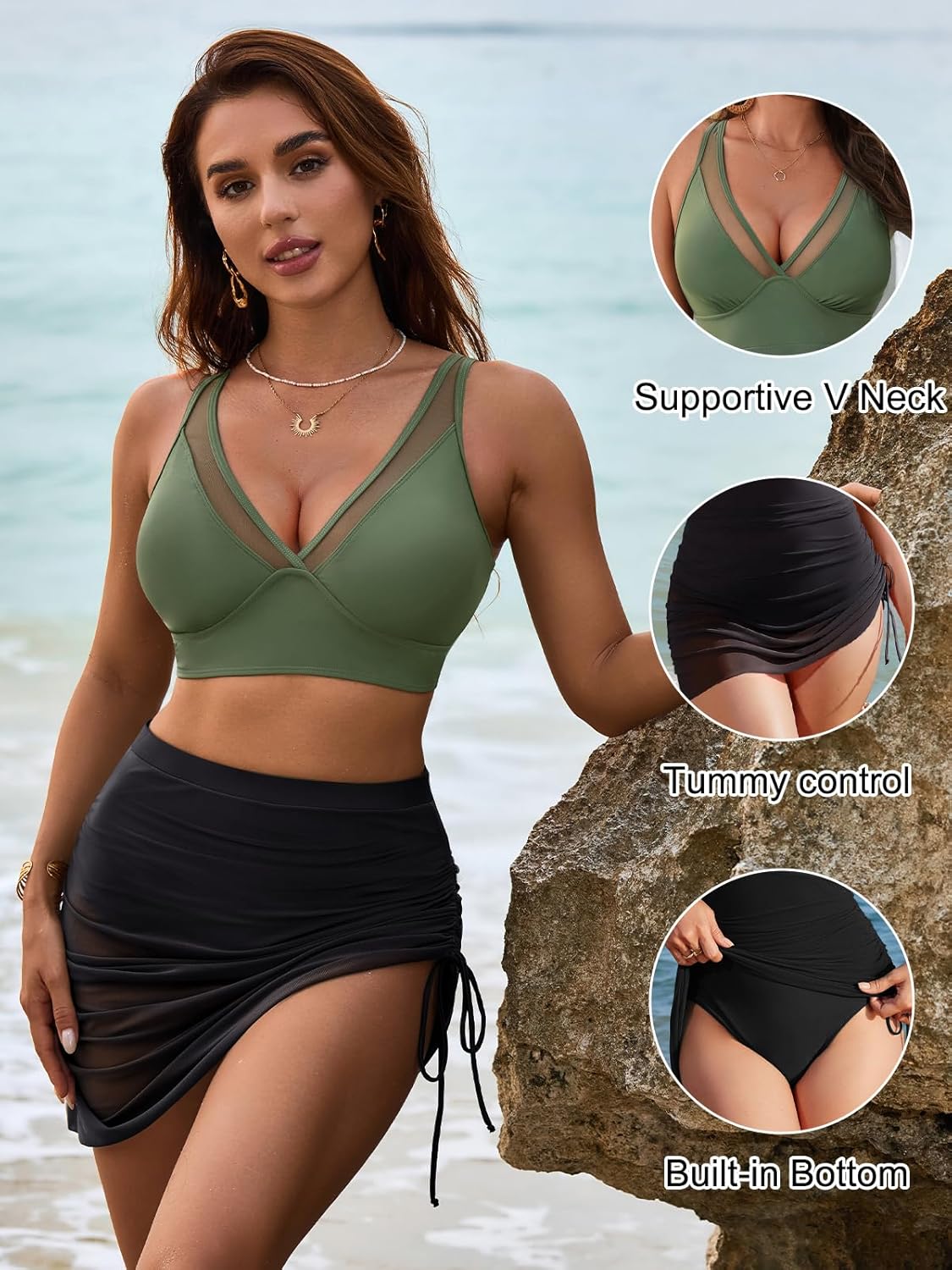 Ocevara - Womens Swim Skirt High Waisted Bikini Sets Tummy Control Swimsuits Mesh Sarong Wraps Bathing Suits