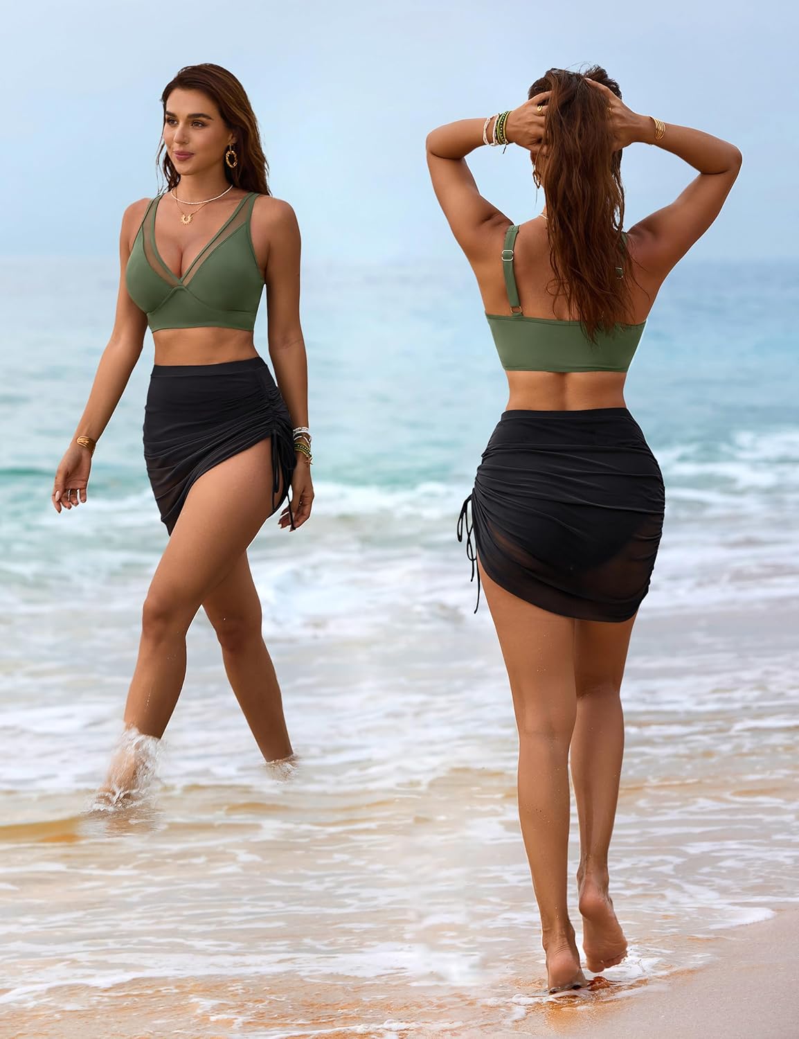 Ocevara - Womens Swim Skirt High Waisted Bikini Sets Tummy Control Swimsuits Mesh Sarong Wraps Bathing Suits