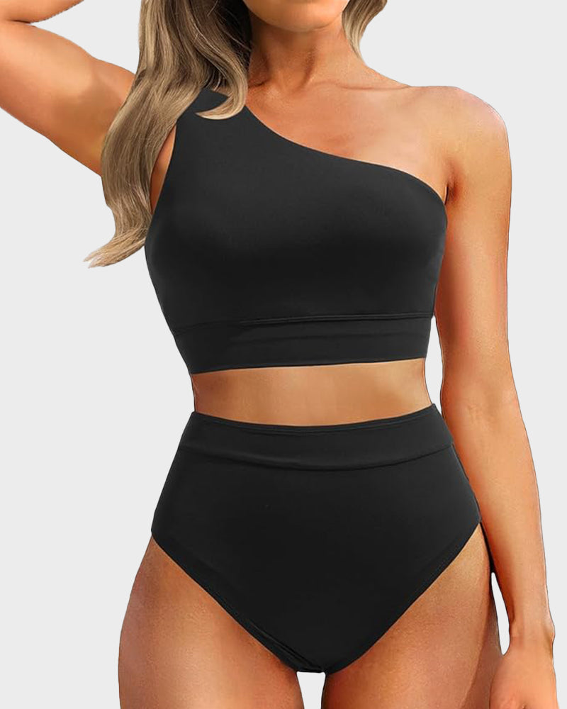 Ocevara - High-Waist One-Shoulder Tummy Control Bikini Set