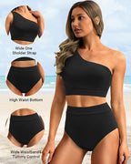 Ocevara - High-Waist One-Shoulder Tummy Control Bikini Set