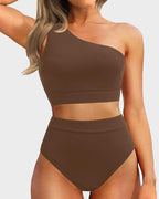 Ocevara - High-Waist One-Shoulder Tummy Control Bikini Set