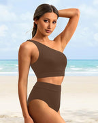 Ocevara - High-Waist One-Shoulder Tummy Control Bikini Set