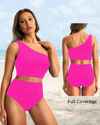 Ocevara - High-Waist One-Shoulder Tummy Control Bikini Set
