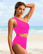 Ocevara - High-Waist One-Shoulder Tummy Control Bikini Set