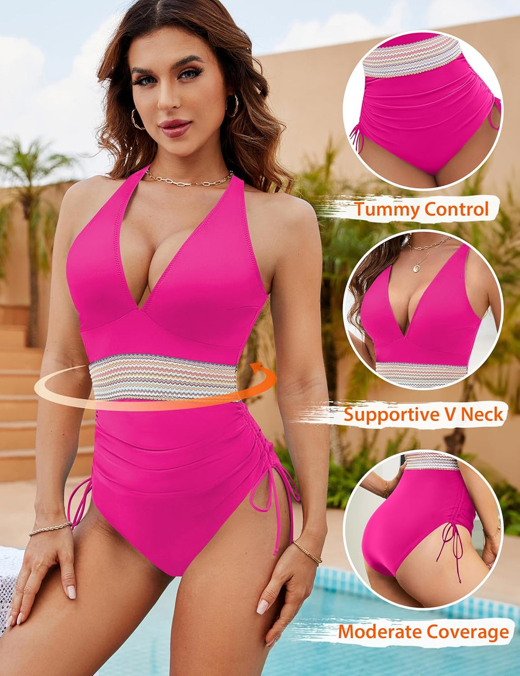 Ocevara - Women Tummy Control Swimsuits One Piece Slimming Modest Bathing Suit Color Block Drawstring Swim Suits