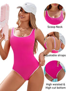 Ocevara - Women's One Piece Swimsuit Sports Adjustable Strap Bathing Suit Color Block Ribbed High Cut Swimsuits