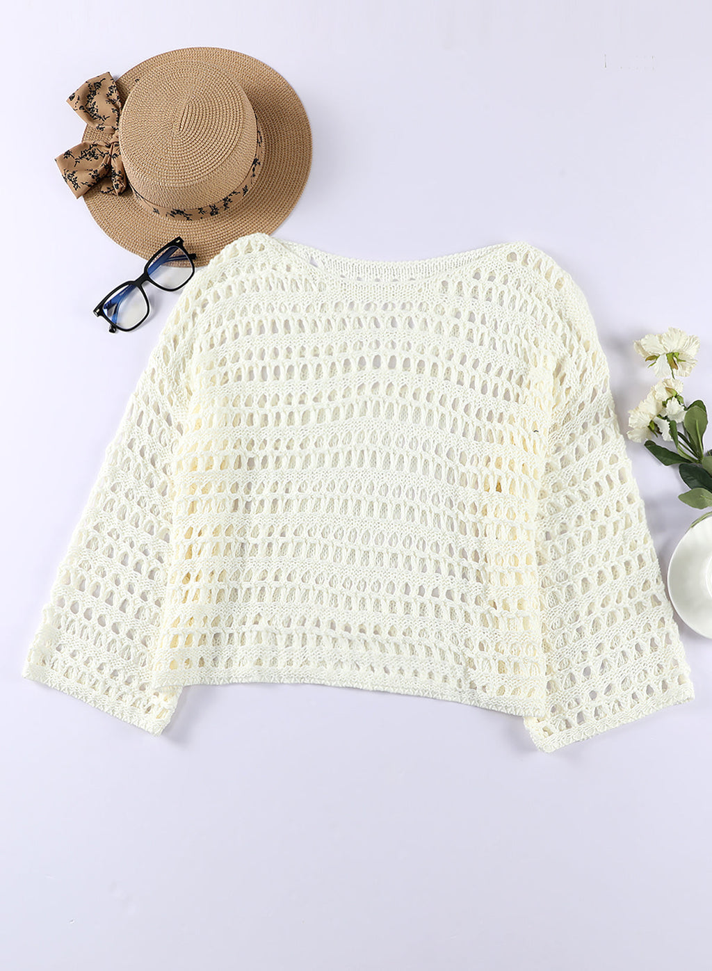 Ocevara - White Mesh Knitted Long Sleeve Hollow Sun-proof Round Neck Cover Up