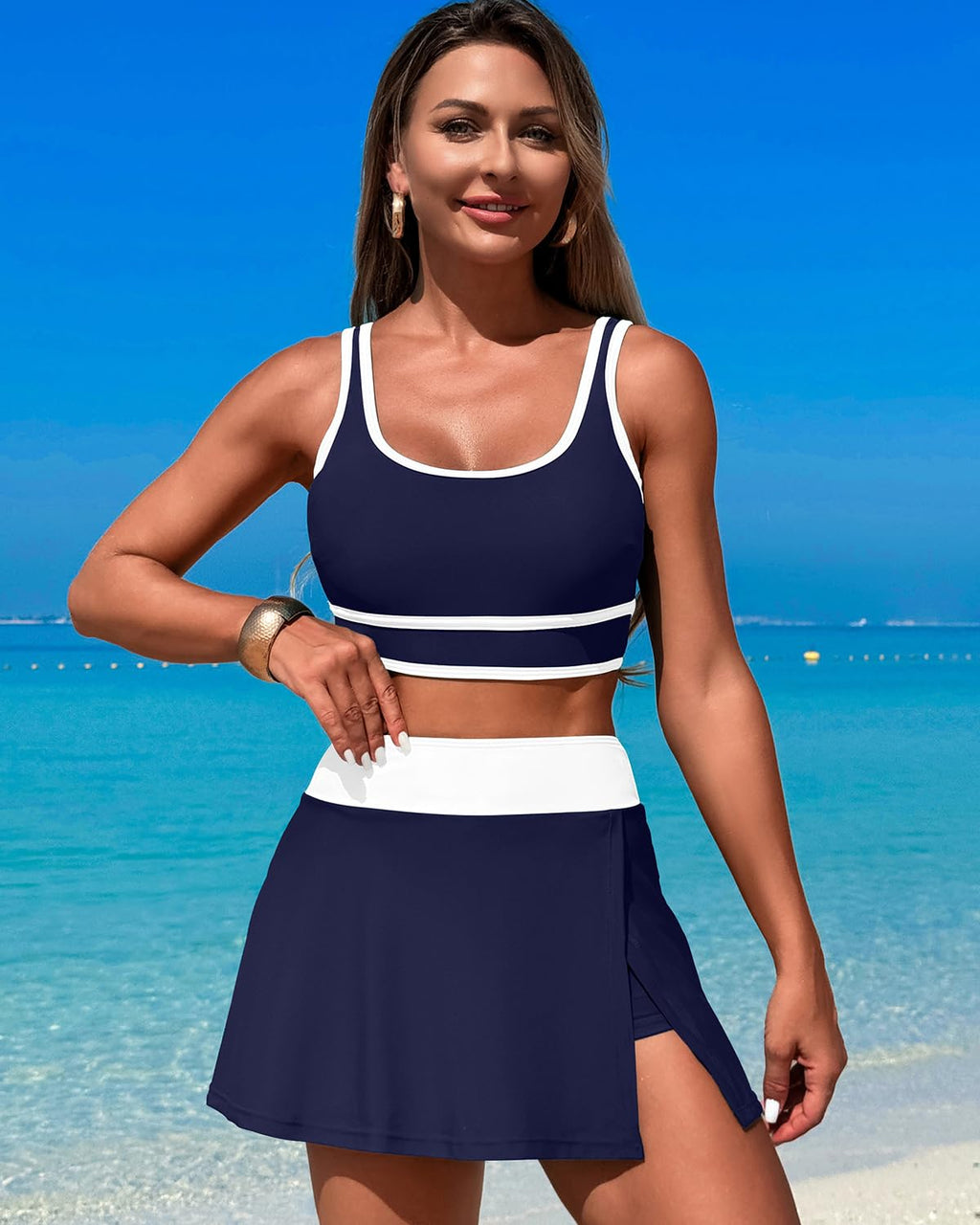 Ocevara - High Waisted Bikini Sets Tummy Control Swim Skirt Two Piece Swim Suit Tummy Control Color Block Bathing Suit
