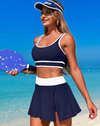 Ocevara - High Waisted Bikini Sets Tummy Control Swim Skirt Two Piece Swim Suit Tummy Control Color Block Bathing Suit