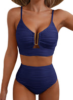 Ocevara High-Waisted Tummy Control Bikini Set Textured U-Wire Cutout Swimwear