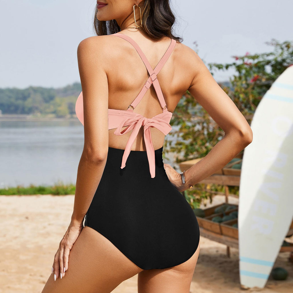 Ocevara - Women's One Piece Swimsuits Tummy Control Cutout High Waisted Bathing Suit Wrap Tie Back