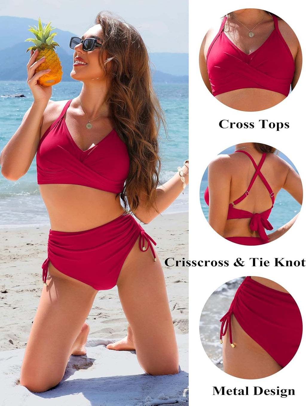 Ocevara - Womens High Waisted Bikini Sets Drawstring Tummy Control Swimsuits Crisscross Tie Back Bathing Suit