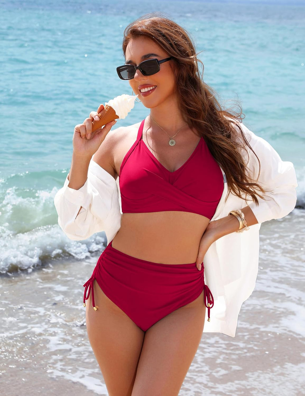 Ocevara - Womens High Waisted Bikini Sets Drawstring Tummy Control Swimsuits Crisscross Tie Back Bathing Suit