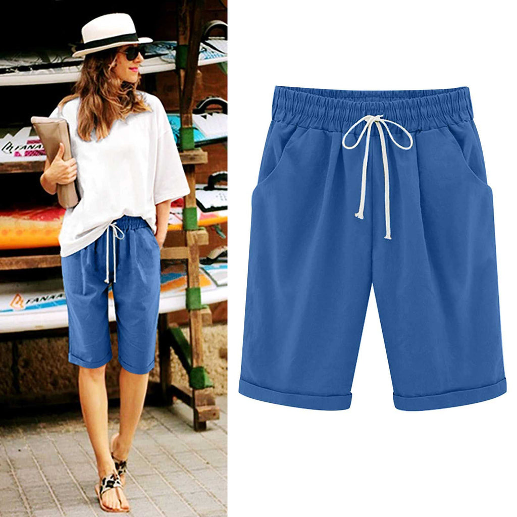 Ocevara - Women's Elastic Waist Knee Length Casual Cotton Bermuda Shorts with Drawstring