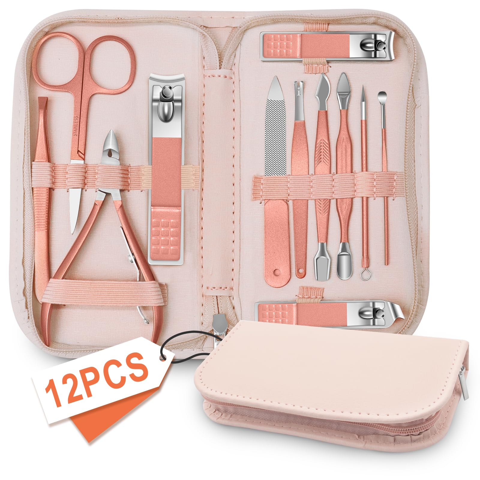 Manicure Pedicure Set, 12 Pcs Nail Care Kit for Women, Mens Nail Grooming Kit, Manicure & Pedicure Tools & Accessories, Pink Nail Kit Manicure Set Luxury Leather Case for Home Salon Use