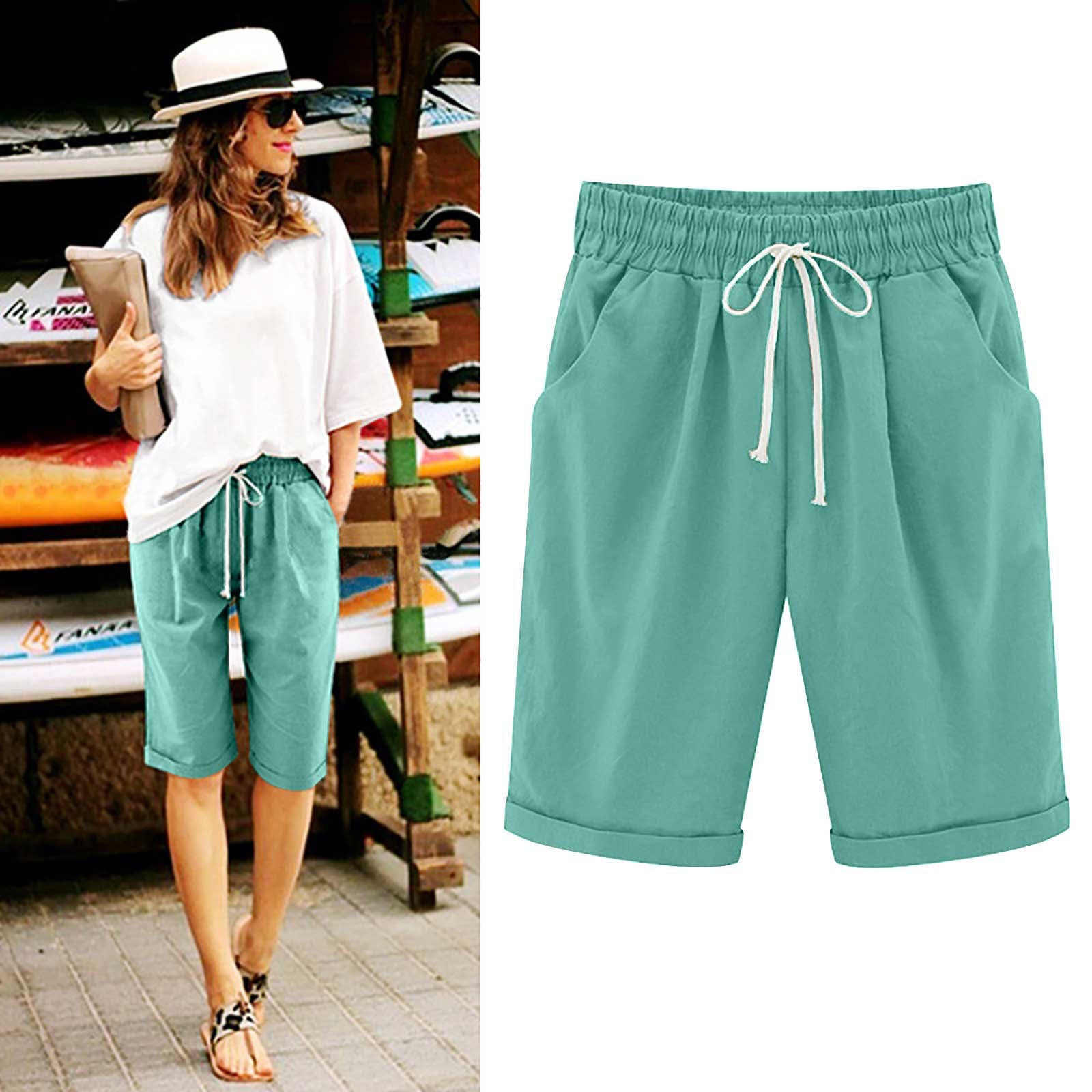Ocevara - Women's Elastic Waist Knee Length Casual Cotton Bermuda Shorts with Drawstring