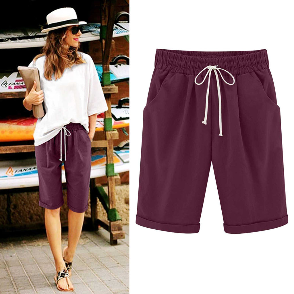Ocevara - Women's Elastic Waist Knee Length Casual Cotton Bermuda Shorts with Drawstring