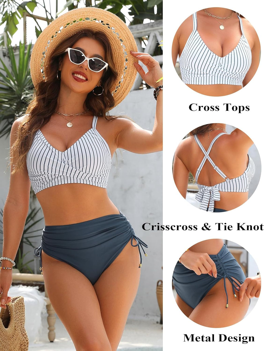 Ocevara - Womens High Waisted Bikini Sets Drawstring Tummy Control Swimsuits Crisscross Tie Back Bathing Suit
