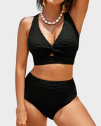 Ocevara - Textured Knot-Front High-Waisted Bikini Set