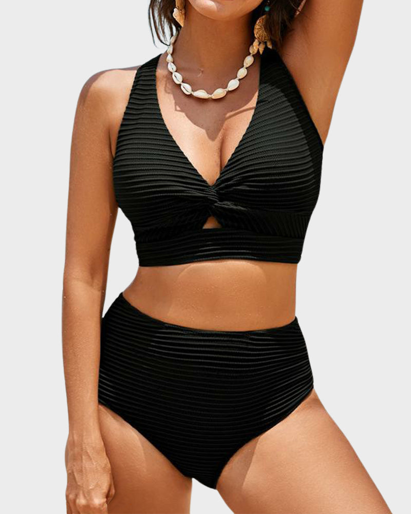 Ocevara Ocevara - Textured Knot-Front High-Waisted Bikini Set - image 7