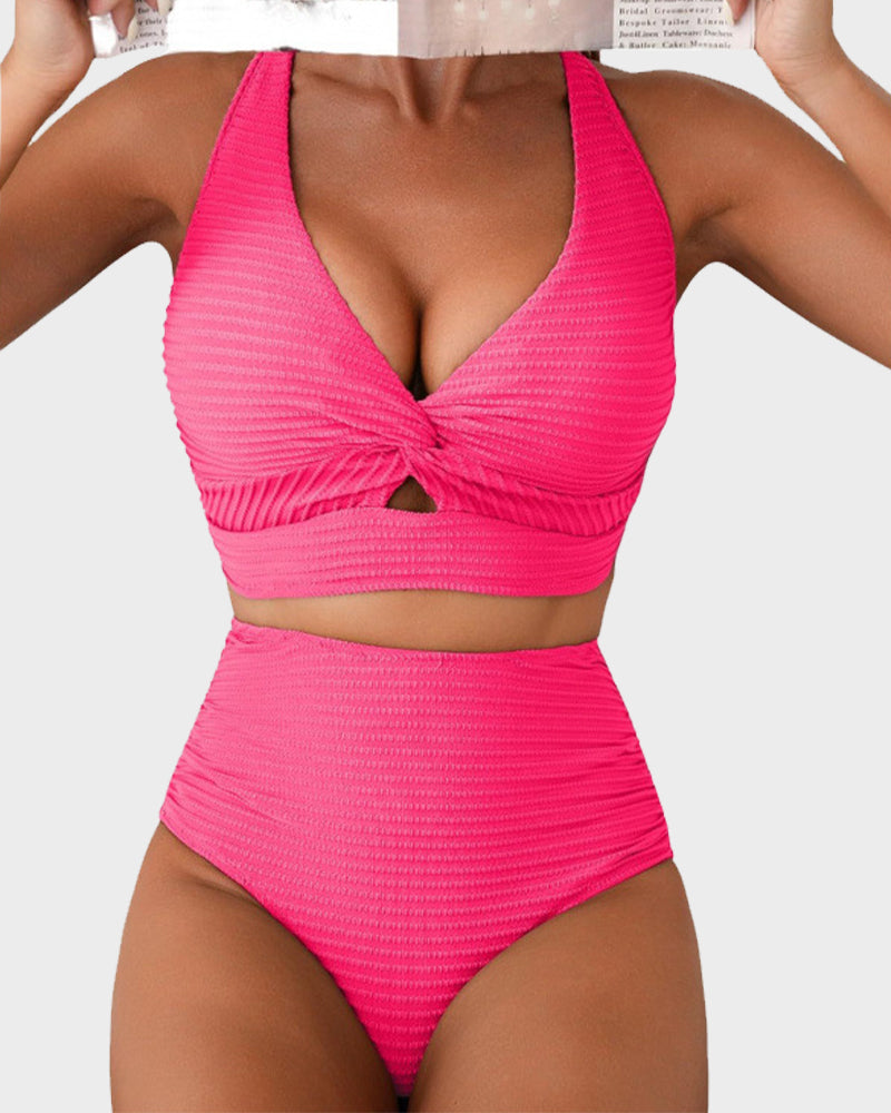 Ocevara Ocevara - Textured Knot-Front High-Waisted Bikini Set - image 11