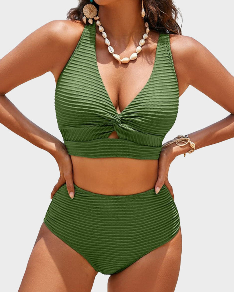 Ocevara - Textured Knot-Front High-Waisted Bikini Set