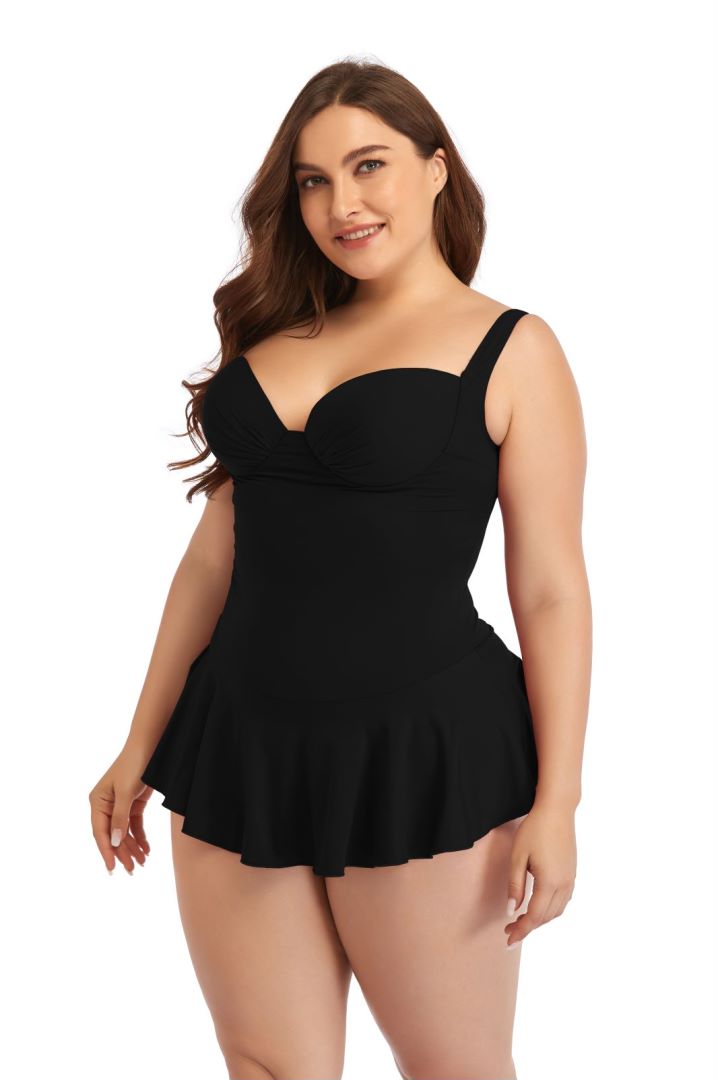 Black Sweetheart Neckline Underwire Skirt One-Piece Swimsuit