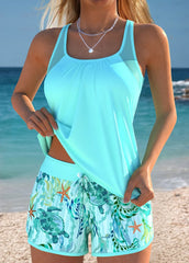 Tummy Coverage Mid Waisted Marine Life Print Tankini Set